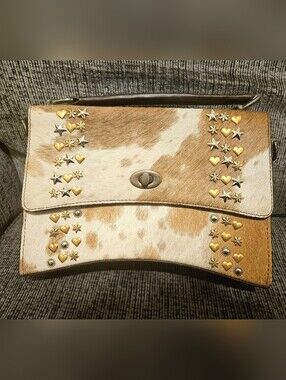 Cowhide Studded Crossbody Clutch w/Gold Star & Heart Accents | Crescent Bag